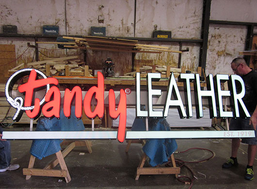 Photo of Tandy Leather illuminated channel letter sign